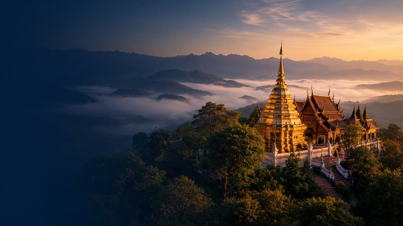 วัดล้านนาท่ามกลางขุนเขาและทะเลหมอกยามเช้า